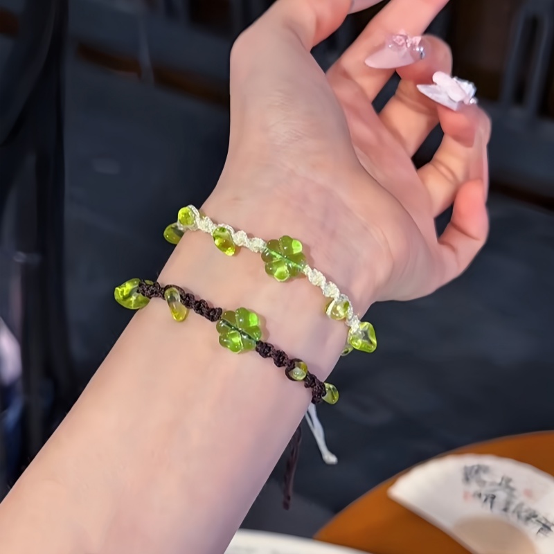 好运四叶草手链女款小众百搭高颜值手工编织情侣手绳送女朋友礼物