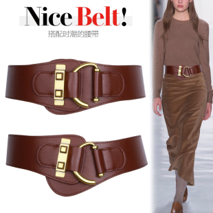 复古风真皮宽腰带女百搭金属扣松紧弹力收腰封装 饰腰带