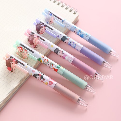 汉服少女三色按动中性笔学生记笔记改错写作业专用多功能创意古风学生标记手账黑红蓝笔手账笔