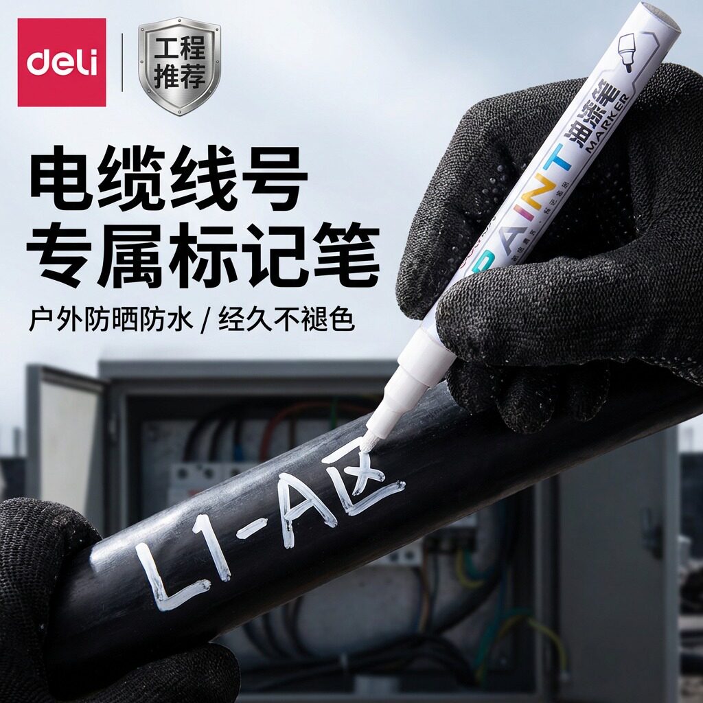 得力电缆划线记号笔标记电工绝缘不导电防水防刮擦防油防篡改防晒不易褪色仓管标记补漆修复笔油性速干油漆笔 - 实物图