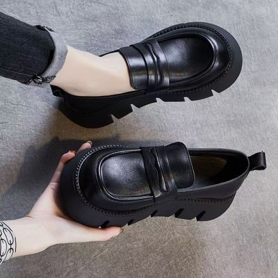 松糕厚底黑色小皮鞋女2025秋季新款英伦风复古增高小个子乐福单鞋