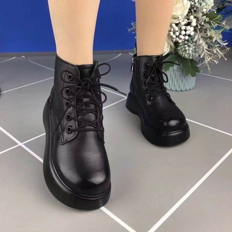 厚底马丁靴女2025秋冬新款短靴圆头系带轻便松糕加绒保暖厚底单靴