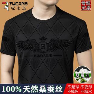 啄木鸟T恤桑蚕丝新款夏季短袖植绒潮流男士圆领帅气时尚百搭上衣