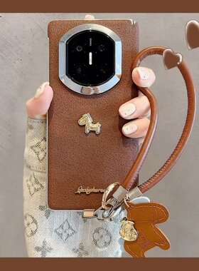 立体金色小马适用华为matex7手机壳新款带挂绳x6典藏版折叠屏月坑纹中轴全包防摔保护套x5/x3轻奢风女生外壳