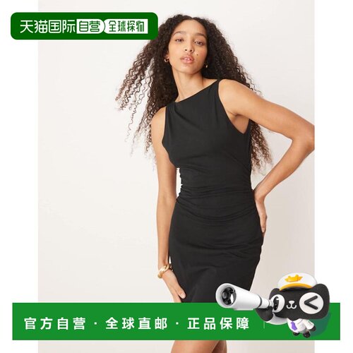1h可退香港直邮ASOS 女士 设计一字领迷你侧面褶皱连衣裙(黑色)包