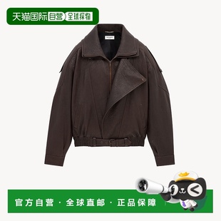 自营欧洲直邮YSL圣罗兰 女士棕色羔羊皮拉链闭合飞行员夹克立领