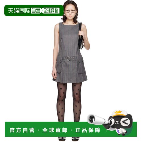 1h可退 香港直邮GANNI 甘尼 女士 灰色 Wool Stripe Belted 连衣