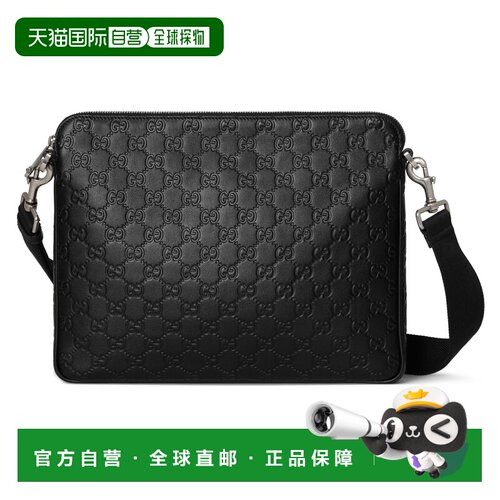自营欧洲直邮GUCCI古驰 GG Emblem黑色GG压纹皮革手提包单肩包