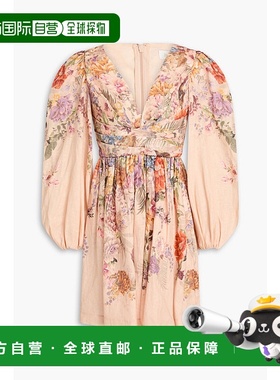 香港直邮ZIMMERMANN 女士 褶裥印花亚麻迷你连衣裙 0669DF243PEAC