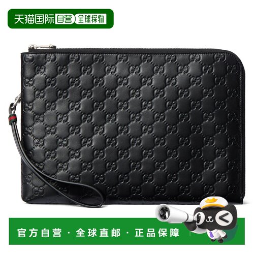 自营欧洲直邮GUCCI古驰 GG Emblem黑色GG压纹皮革手拿包