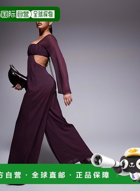 1h可退 香港直邮ASOS 女士 设计缎面束腰胸部阔腿剪口连体裤(berr