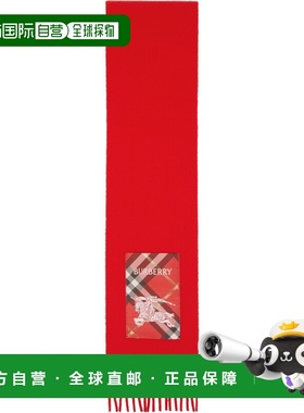 香港直邮Burberry 巴宝莉 女士 红色 Check Label Cashmere 围巾