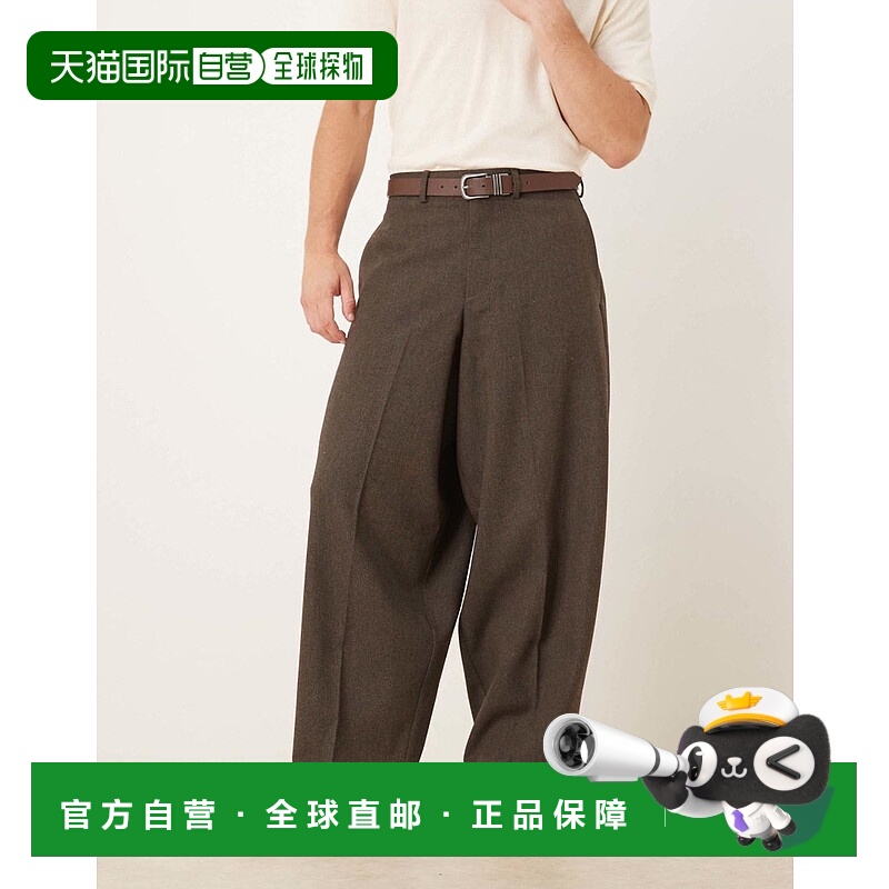 1h可退 香港直邮ASOS 男士 smart 设计级锥形羊毛深褐色人字纹裤