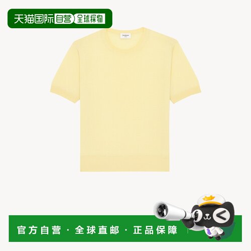 自营欧洲直邮YSL圣罗兰 女士淡黄色羊绒羊毛丝绸短袖毛衣