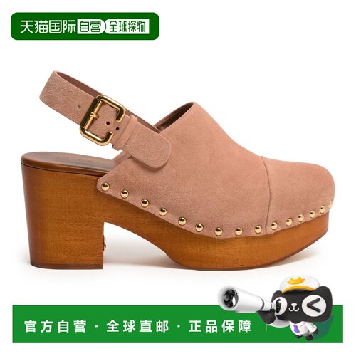 自营欧洲直邮CHLOE蔻依 Jeannette女士玫瑰粉色绒面革中跟木底鞋