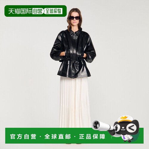 自营欧洲直邮Sandro桑德罗 女士黑色光滑皮革夹克皮衣