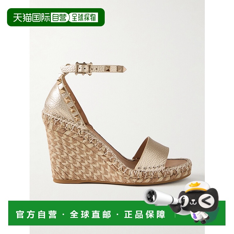 香港直邮valentino 华伦天奴 女士 105 铆钉金属感织纹皮革麻底坡