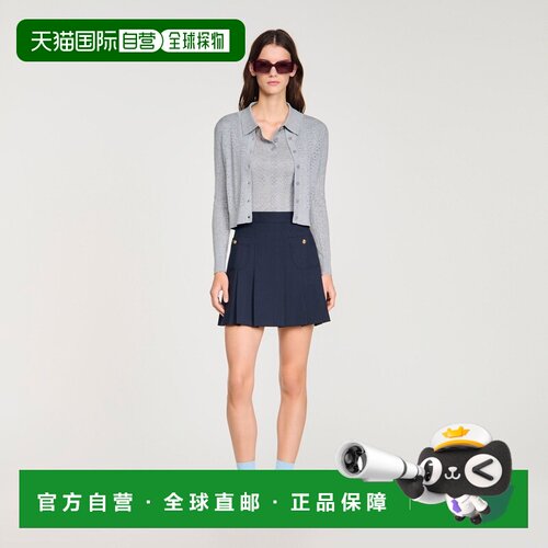 自营欧洲直邮Sandro桑德罗 女士灰色羊毛镂空针织开衫长袖