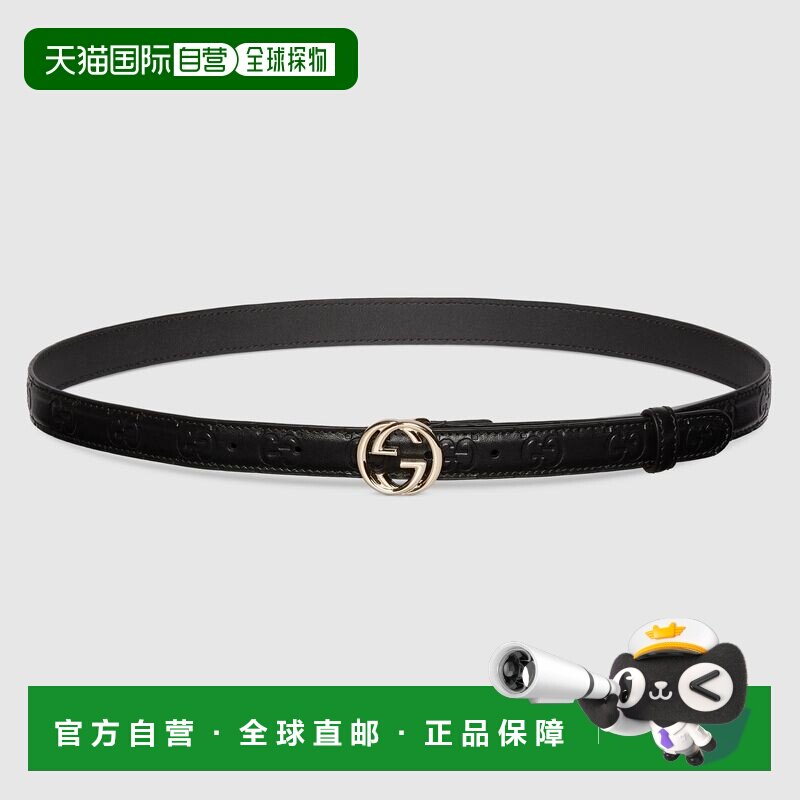 自营欧洲直邮Gucci古驰女士黑色 GG 皮革GG交织带扣腰带新款