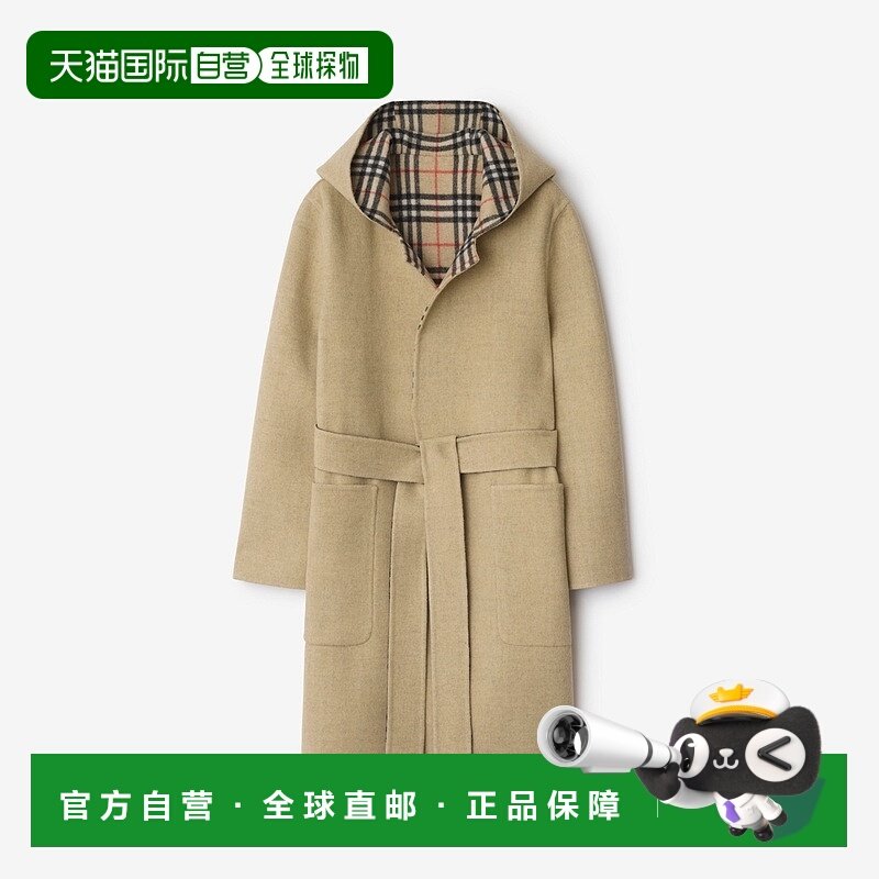 自营欧洲直邮Burberry博柏利 女士沙色羊毛双面两穿连帽大衣