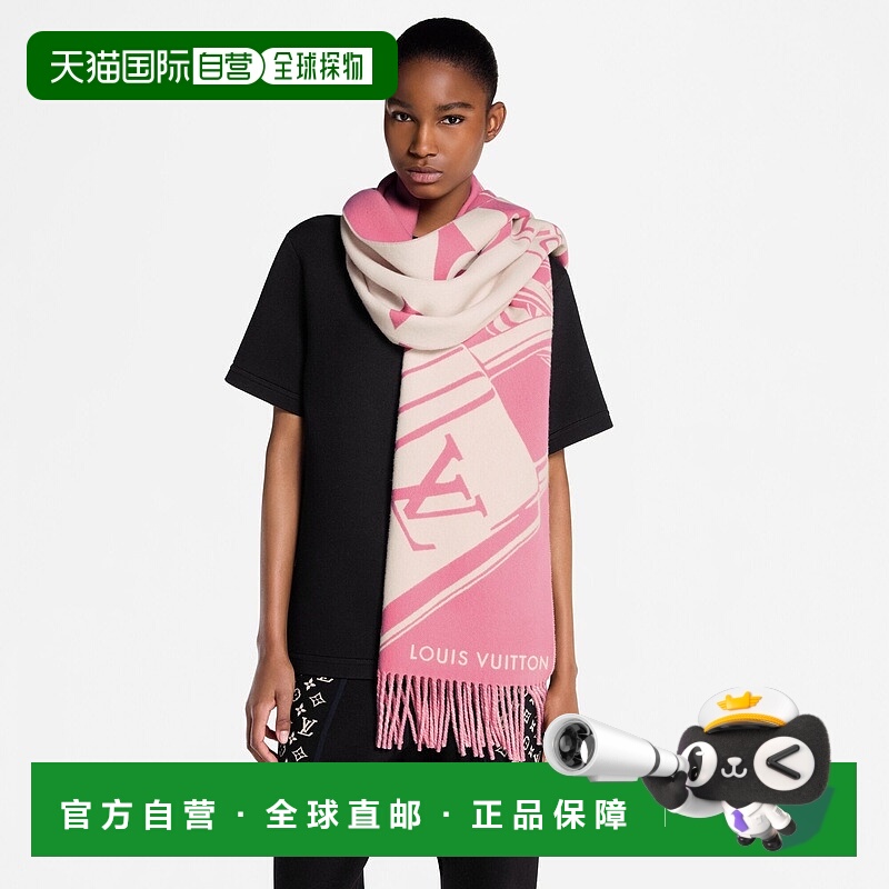 自营欧洲直邮LV路易威登 女士玫瑰粉羊毛锁头钥匙图案围巾羊绒