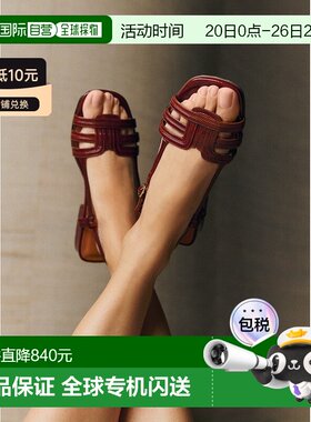 自营欧洲直邮Sezane 女士酒红棕色漆皮平底凉鞋单鞋