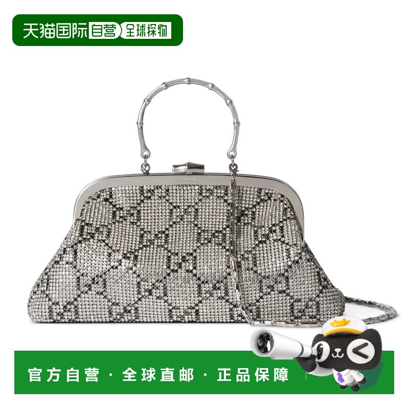 自营欧洲直邮GUCCI古驰 GG女士银色/黑色水晶中号晚宴手提包