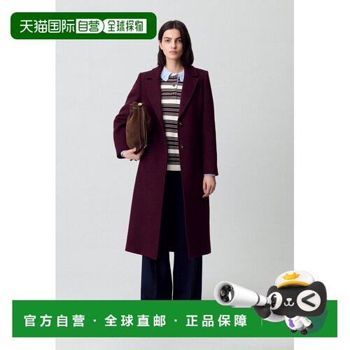 自营欧洲直邮Claudie Pierlot 女士酒红色羊毛长款斜纹大衣