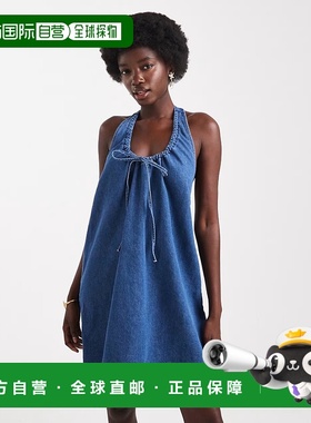 香港直邮ASOS 女士 设计牛仔圆领褶皱迷你蓝色深色中长连衣裙长裙