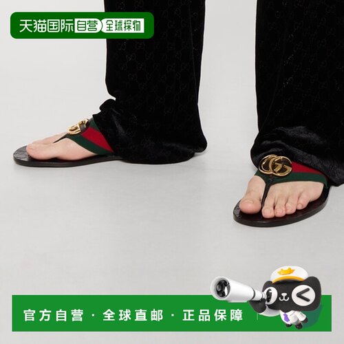 自营欧洲直邮GUCCI古驰 Riviera男士绿色/红色弹力带凉鞋人字拖