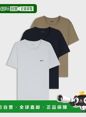 自营欧洲直邮Hugo Boss 男士灰色/蓝色/米色棉logo标识短袖T恤