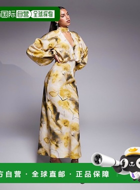 1h可退 香港直邮ASOS 女士 设计高领深V宽袖绿色抽象印花长款连衣