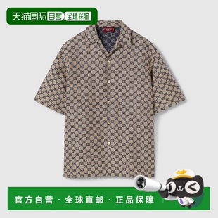 自营欧洲直邮Gucci古驰男士 米色和蓝色GG亚麻混纺帆布衬衫