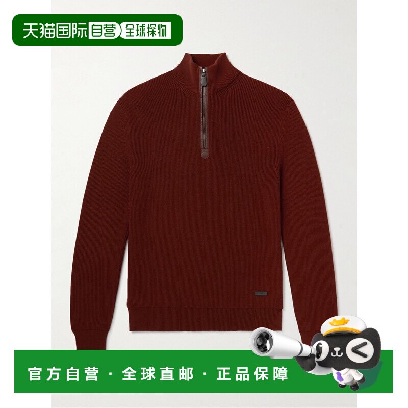 1h可退 美国直邮Loro Piana 诺悠翩雅 男士 皮革边罗纹羊毛半拉链