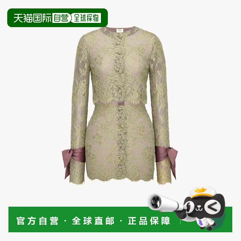 自营欧洲直邮YSL圣罗兰 女士薄荷绿/金色蕾丝领结袖口短款连衣裙图片
