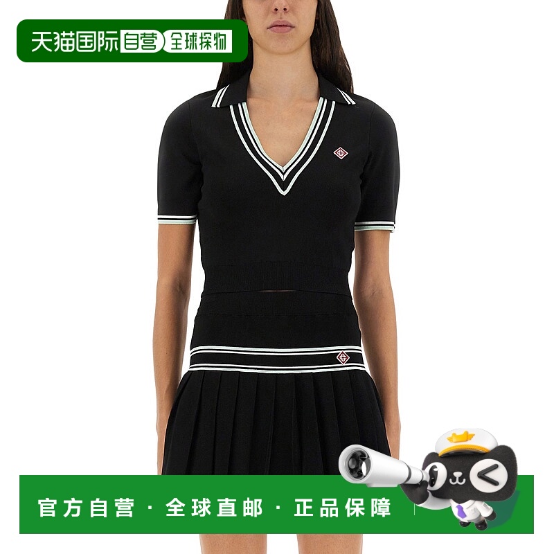 香港直邮Casablanca 女士 粘胶纤维V领Polo衫 WPF25KW101801BLACK