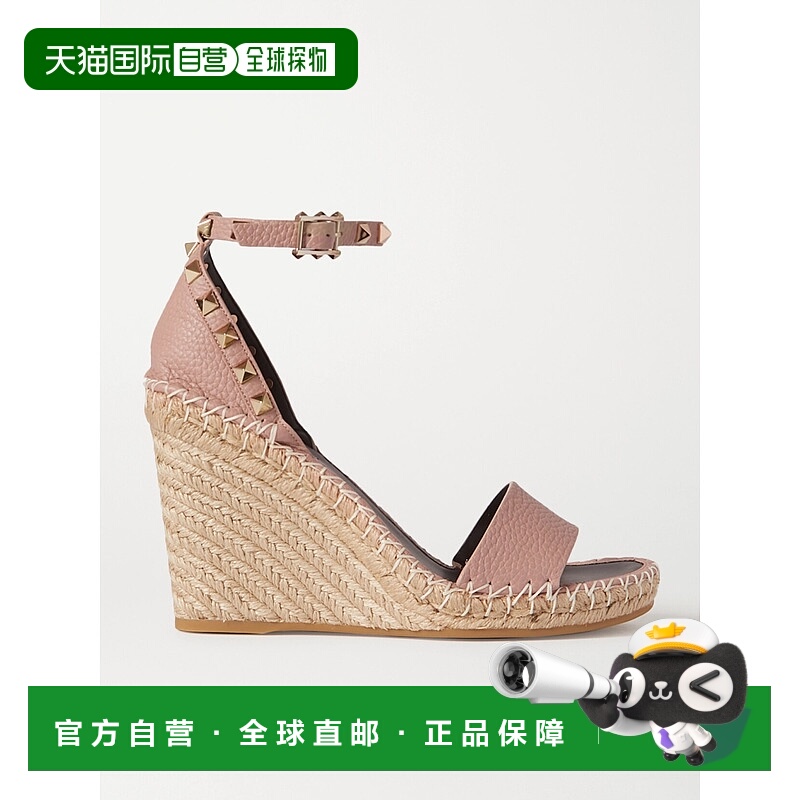 香港直邮valentino 华伦天奴 女士 105 铆钉织纹皮革麻底坡跟凉鞋