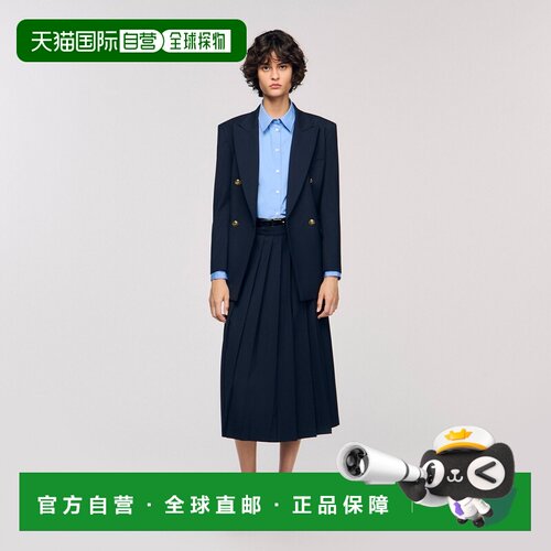 自营欧洲直邮Sandro桑德罗 女士藏青色羊毛混纺细条纹百褶长裙