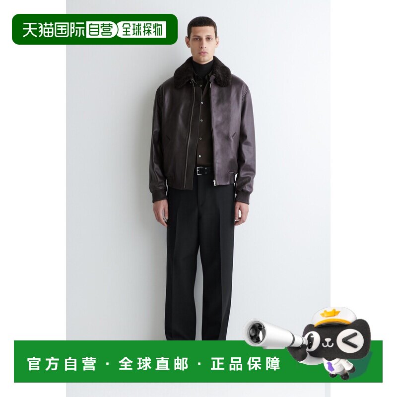 自营欧洲直邮COS 男士棕色皮革可拆卸羊毛领飞行员夹克男装