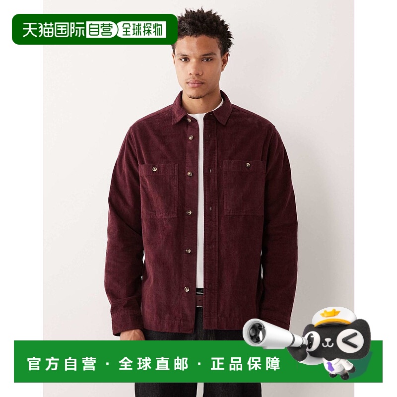 1h可退 香港直邮ASOS 男士 设计衬衫式酒红色灯芯绒裤 red红色 舒