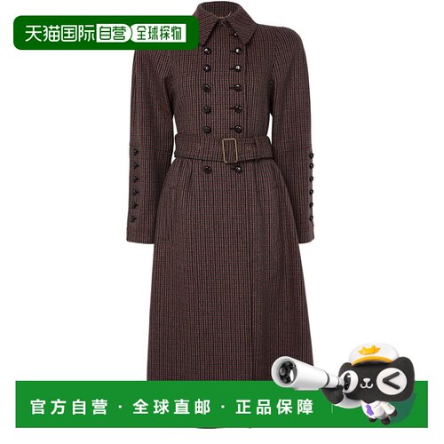 自营欧洲直邮CHLOE蔻依 女士灰红色羊毛混纺格纹系带大衣