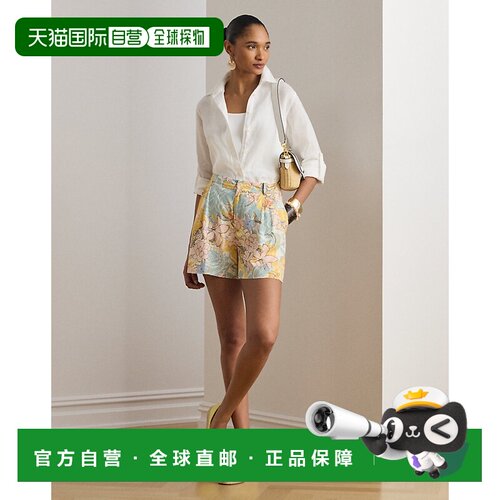 自营欧洲直邮Ralph Lauren拉夫劳伦 女士亚麻印花褶皱短裤休闲裤