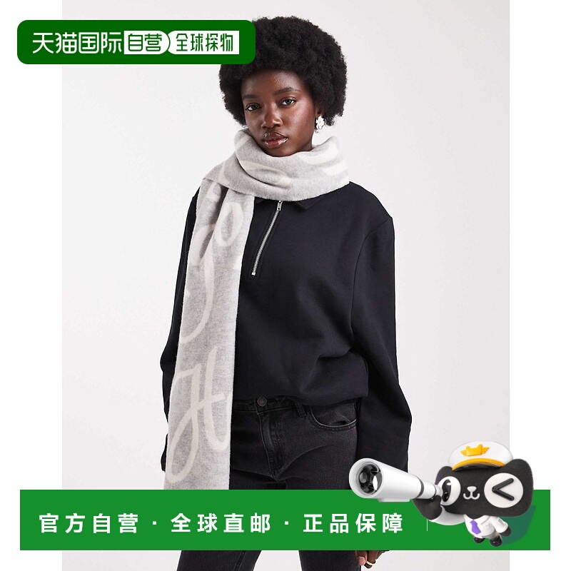 香港直邮boss 女士 HUGO 红色徽标围巾(灰色) grey灰色 舒适时尚