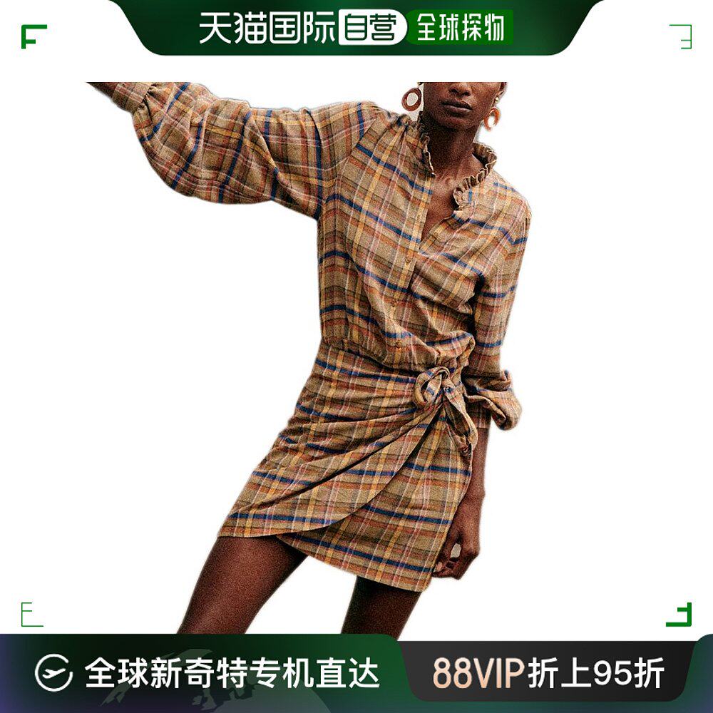 sezane23新款女士彩色条纹棉纤维混纺经典褶皱领连衣裙长袖上衣