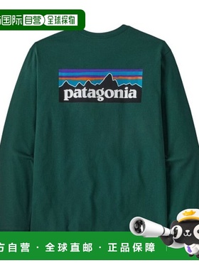 自营欧洲直邮PATAGONIA P-6 LOGO男士深绿色棉质长袖T恤