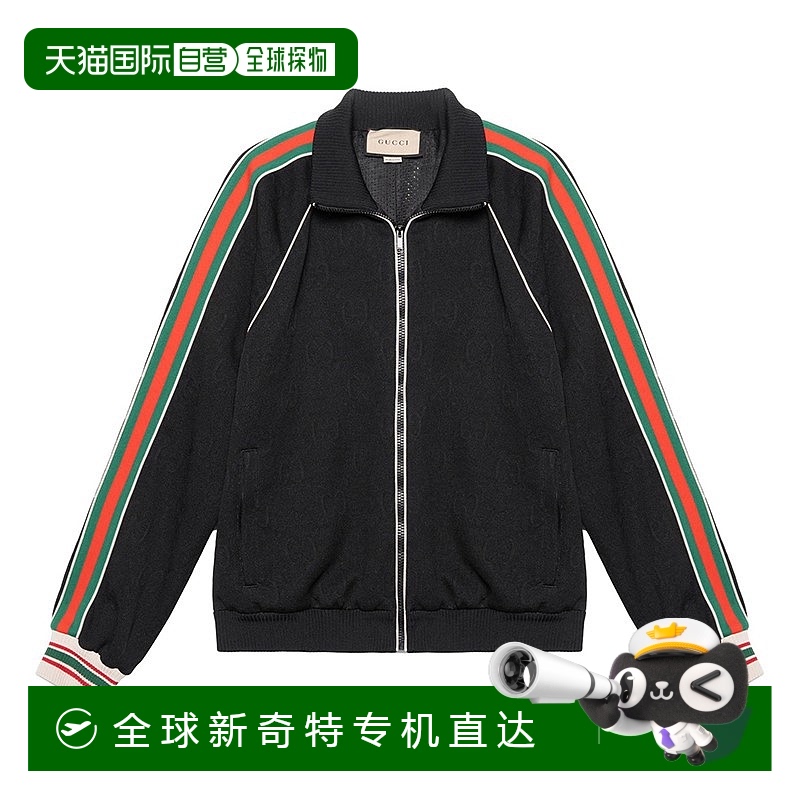 欧洲直邮Gucci/古驰 男士黑色聚酯纤维条纹织带双G字母提花夹克