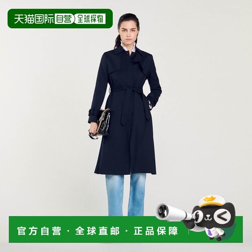 自营欧洲直邮Sandro桑德罗 女士藏青色聚酯纤维羊毛褶皱风衣