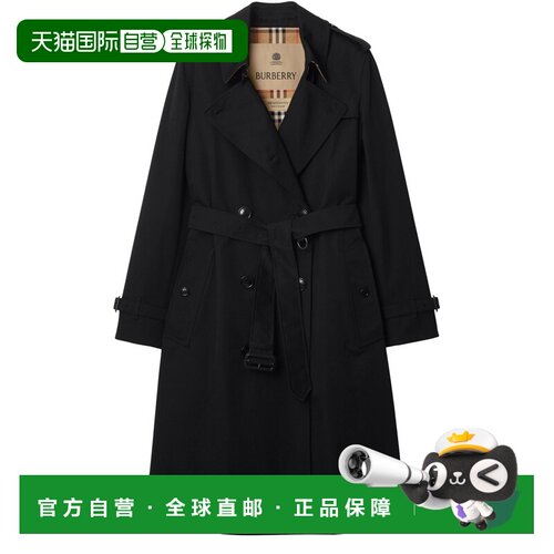 自营欧洲直邮Burberry博柏利 女士黑色棉质双排扣长款风衣长袖