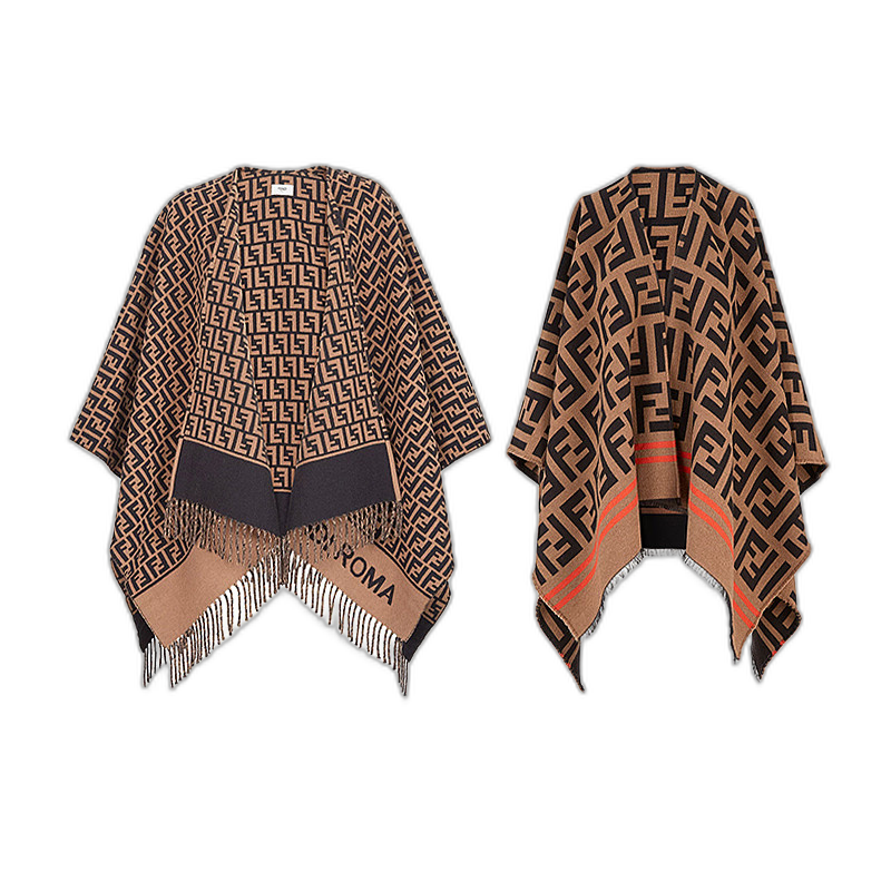 自营欧洲直邮FENDI芬迪23新款女士围巾羊毛棕色FF图案流苏