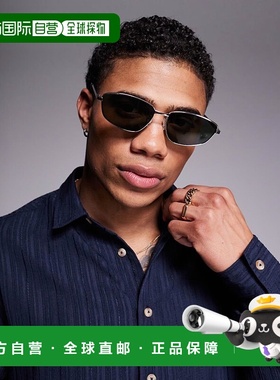 香港直邮ASOS 男士 设计尖角金属绿色烟灰色镜片太阳眼镜(银色)